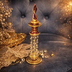 Vintage Hand Blown Egyptian Glass Perfume Bottle Gold Trim & Spiral Stopper